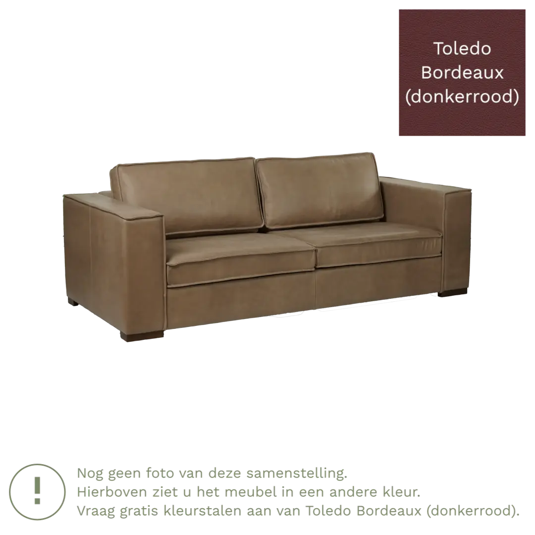 afbeelding van Leren bank Fine - 3 zits - Toledo Bordeaux (donkerrood) - Poten hout zwart