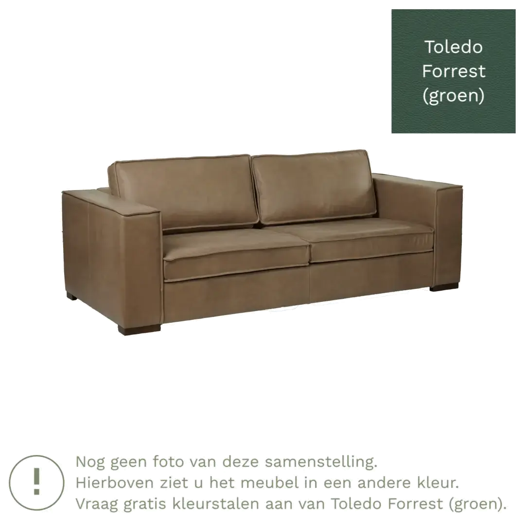 afbeelding van Leren bank Fine - 3 zits - Toledo Forrest (groen) - Poten hout bruin