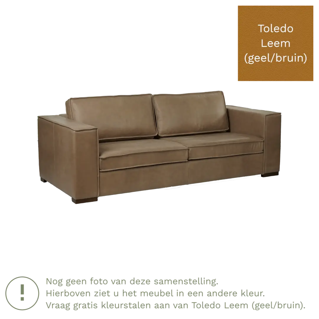 afbeelding van Leren bank Fine - 3 zits - Toledo Leem (geel/bruin) - Poten hout zwart
