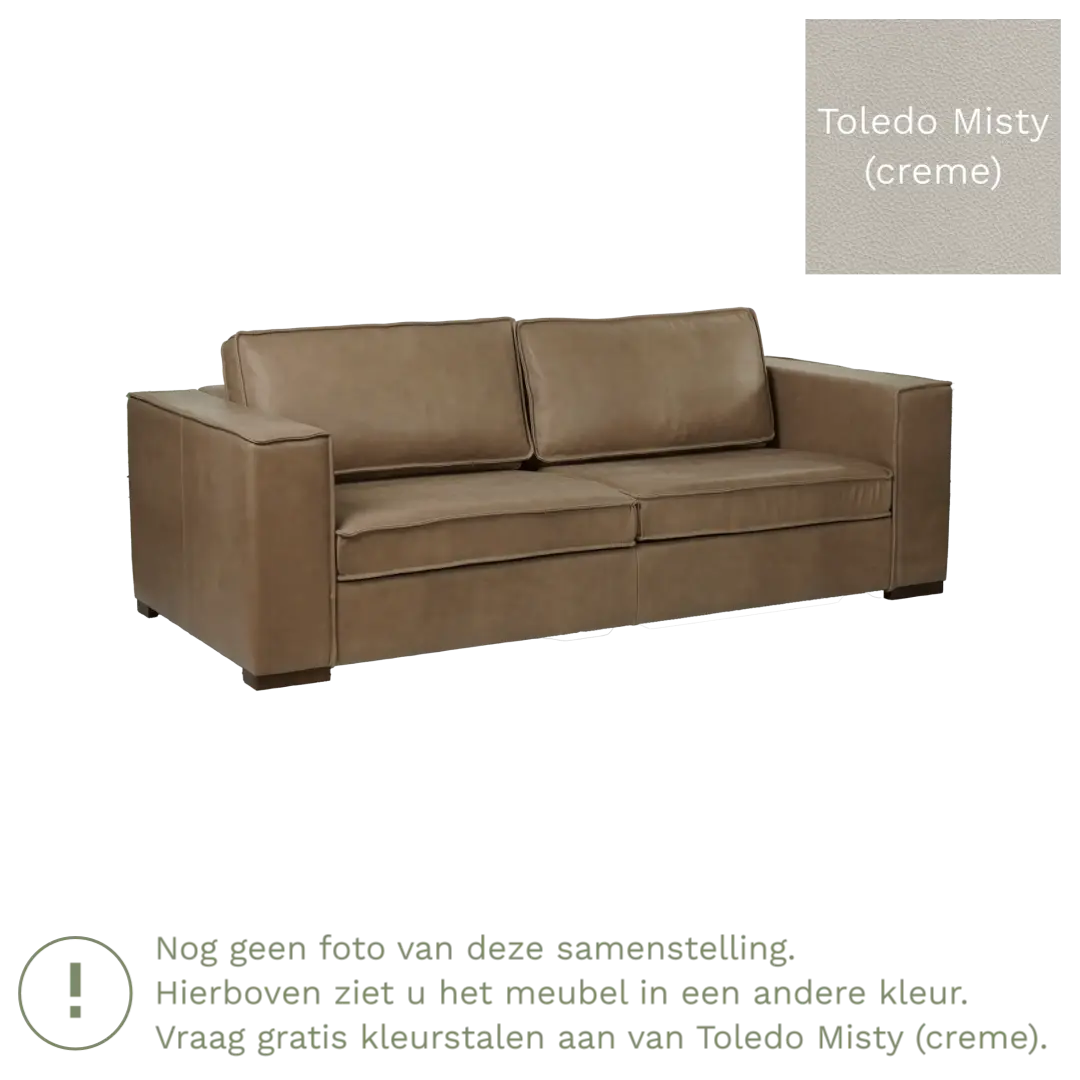 afbeelding van Leren bank Fine - 3 zits - Toledo Misty (crème) - Poten hout zwart