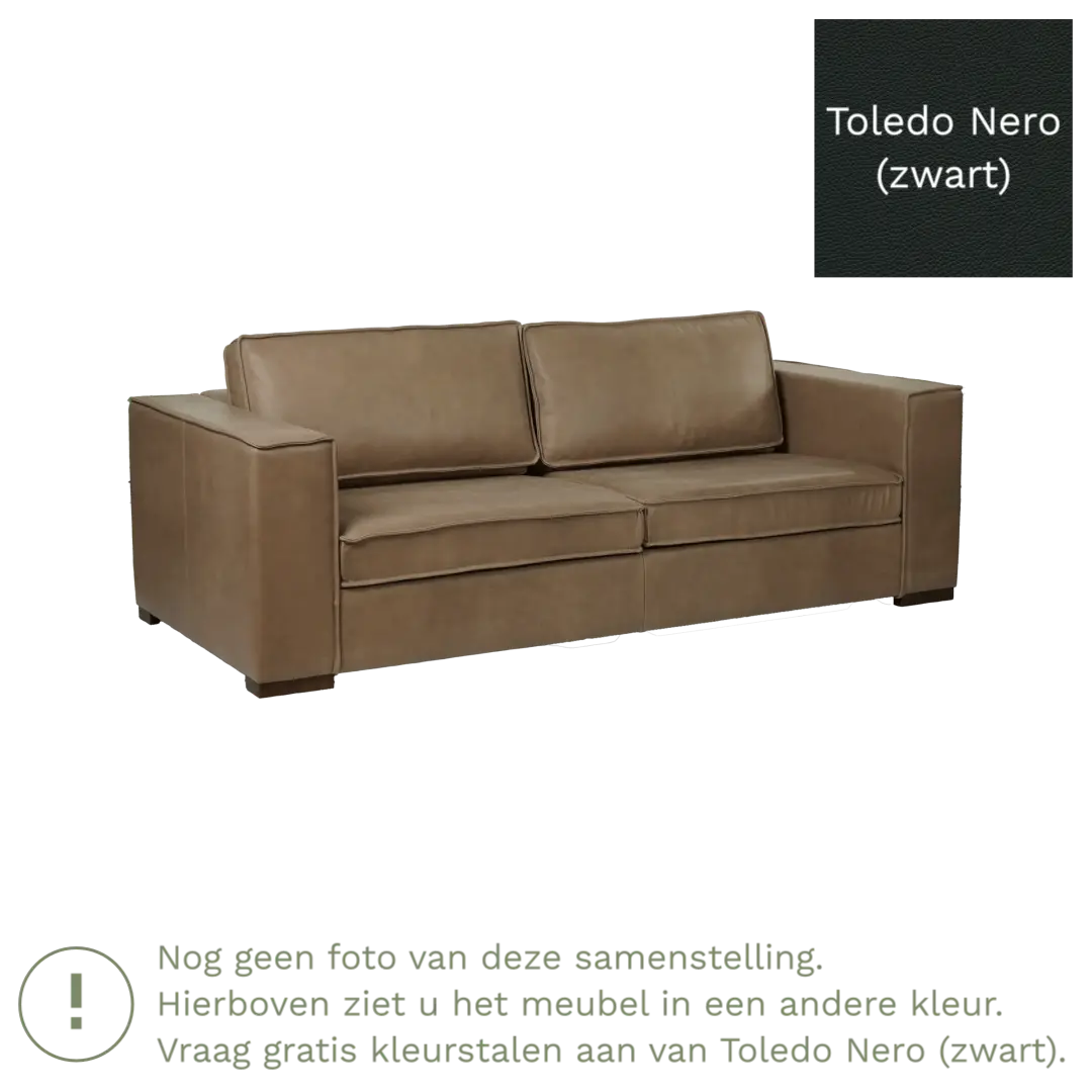 afbeelding van Leren bank Fine - 3 zits - Toledo Nero (zwart) - Poten hout bruin
