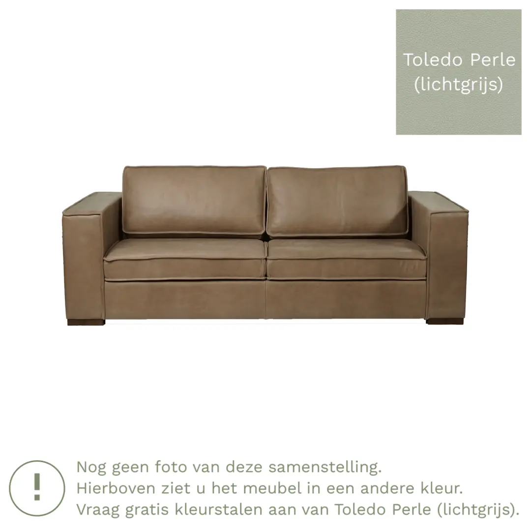 afbeelding van Leren bank Fine - 3 zits - Toledo Perle (lichtgrijs) - Poten hout bruin