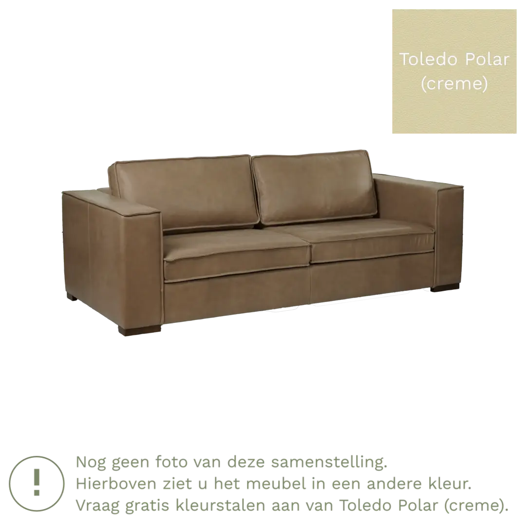 afbeelding van Leren bank Fine - 3 zits - Toledo Polar (crème) - Poten hout bruin