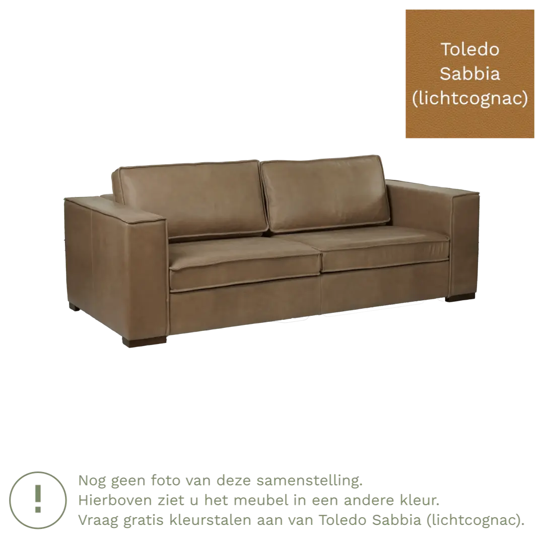 afbeelding van Leren bank Fine - 3 zits - Toledo Sabbia (lichtcognac) - Poten hout bruin