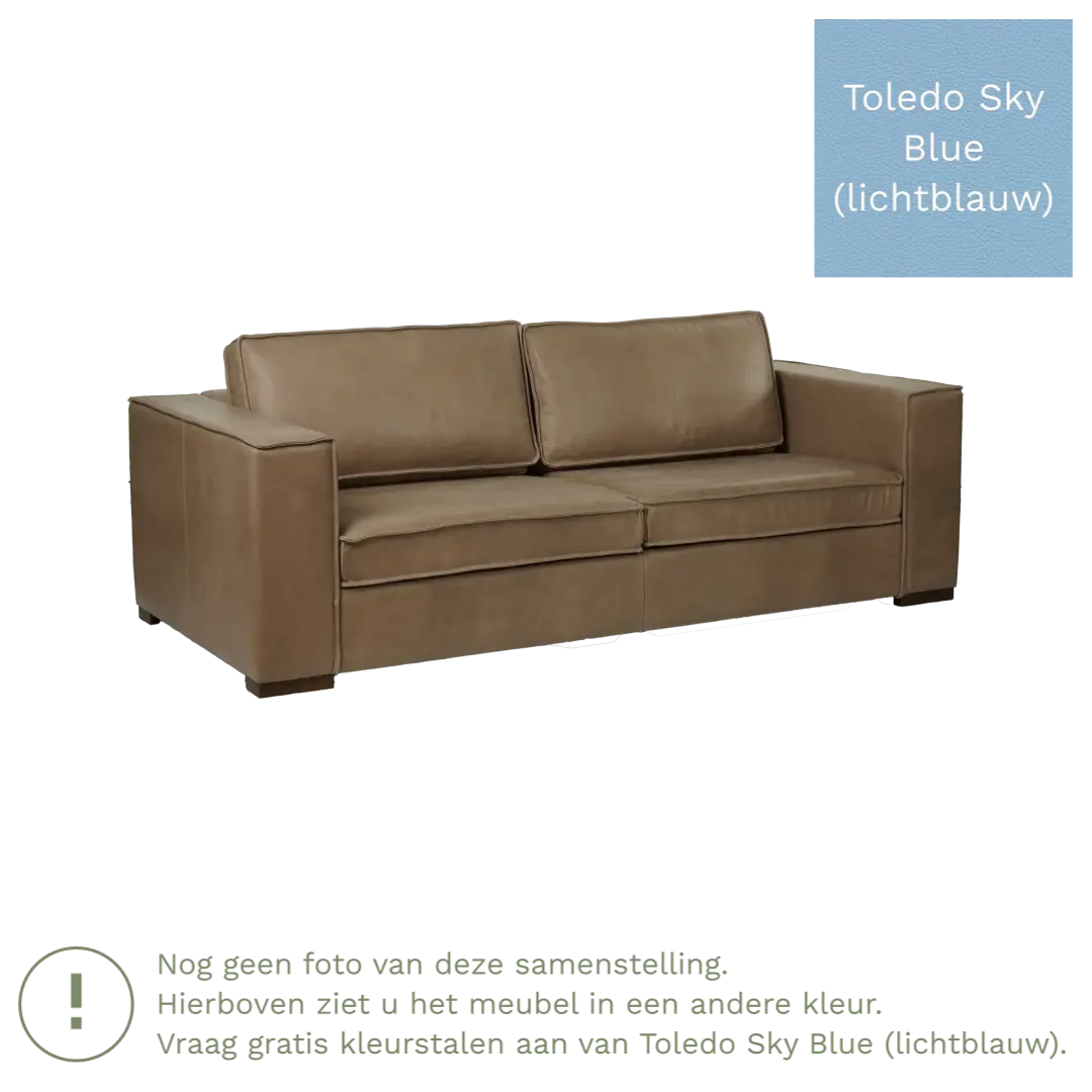 afbeelding van Leren bank Fine - 3 zits - Toledo Sky Blue (lichtblauw) - Poten hout zwart