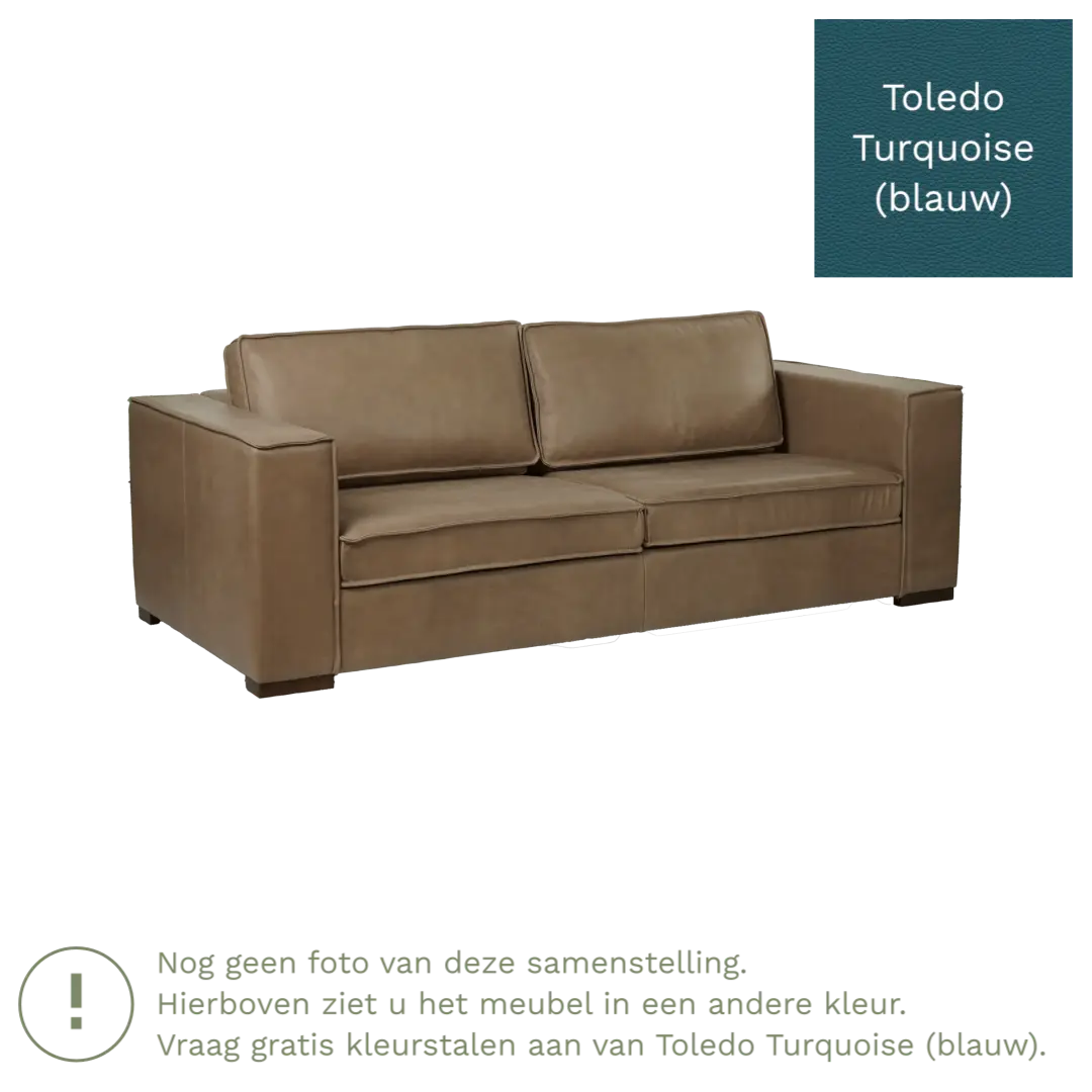 afbeelding van Leren bank Fine - 3 zits - Toledo Turquoise (blauw) - Poten hout bruin