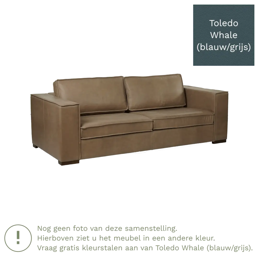 afbeelding van Leren bank Fine - 3 zits - Toledo Whale (blauw/grijs) - Poten hout bruin