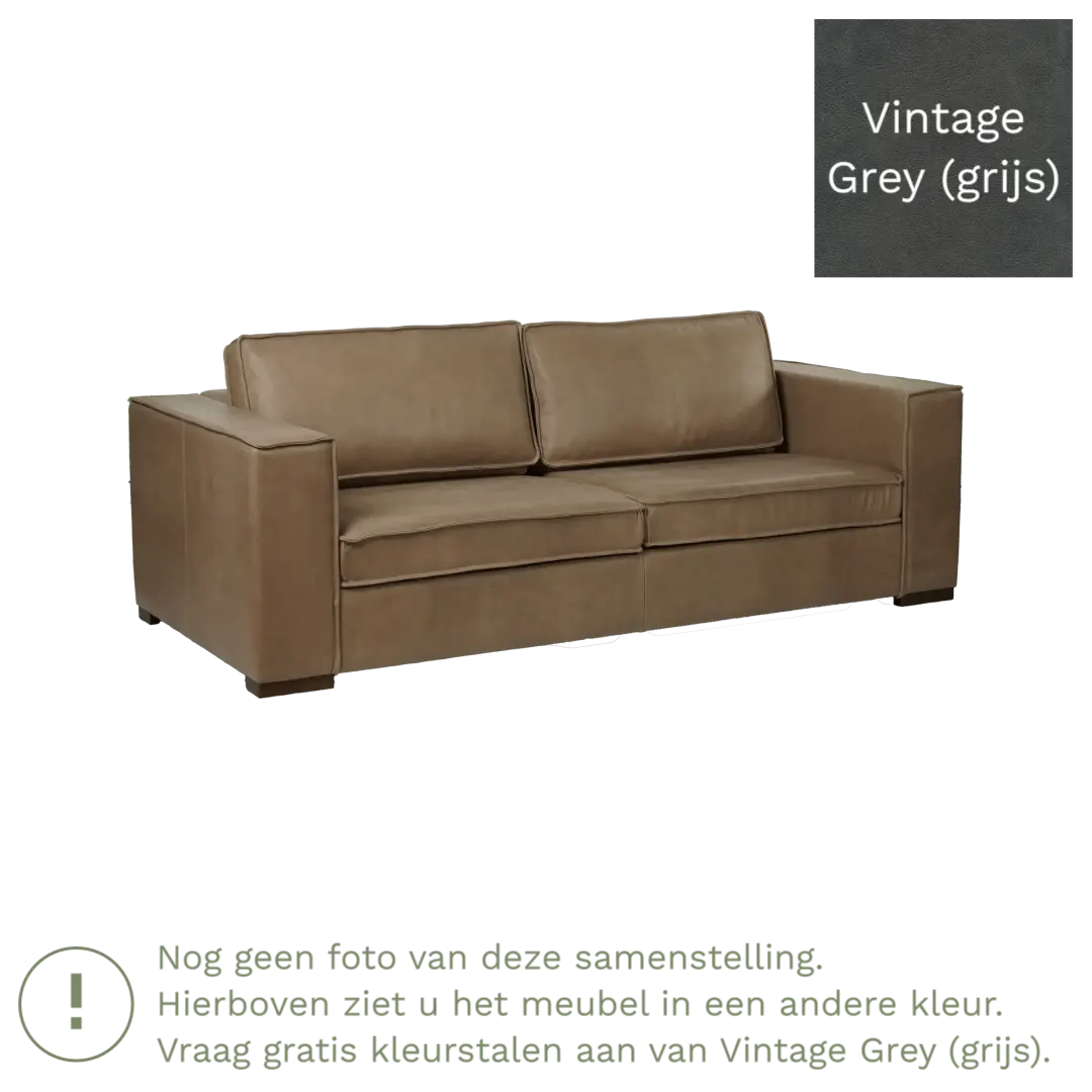 afbeelding van Leren bank Fine - 3 zits - Vintage Grey (grijs) - Poten hout bruin