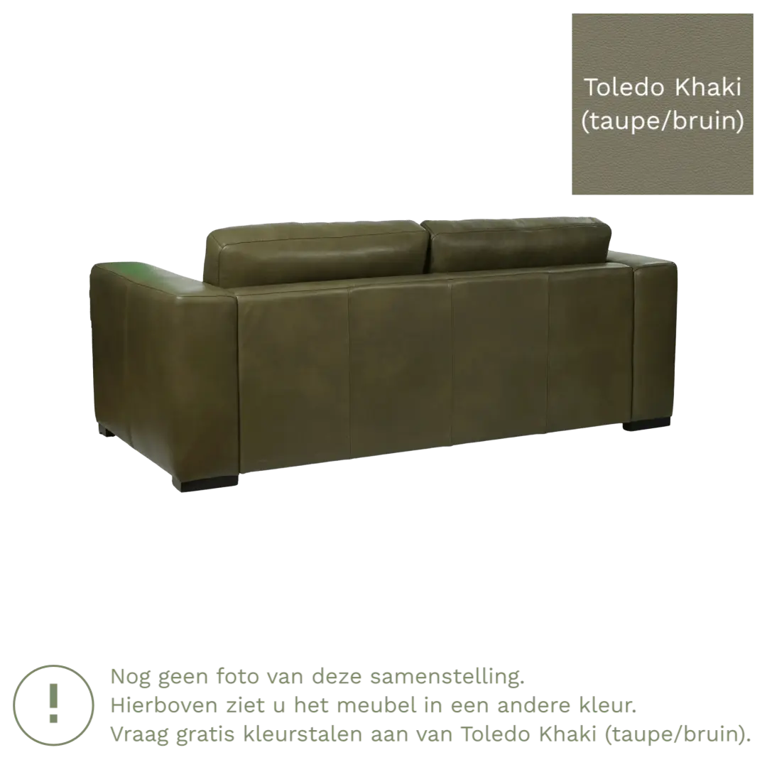 afbeelding van Leren bank Flow - 2,5 zits - Toledo Khaki (taupe/bruin) - Poten hout bruin