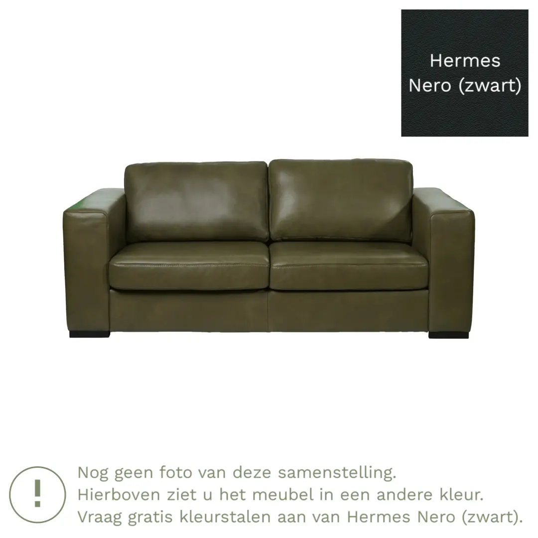 afbeelding van Leren bank Flow - 2 zits - Hermes Nero (zwart) - Poten hout bruin
