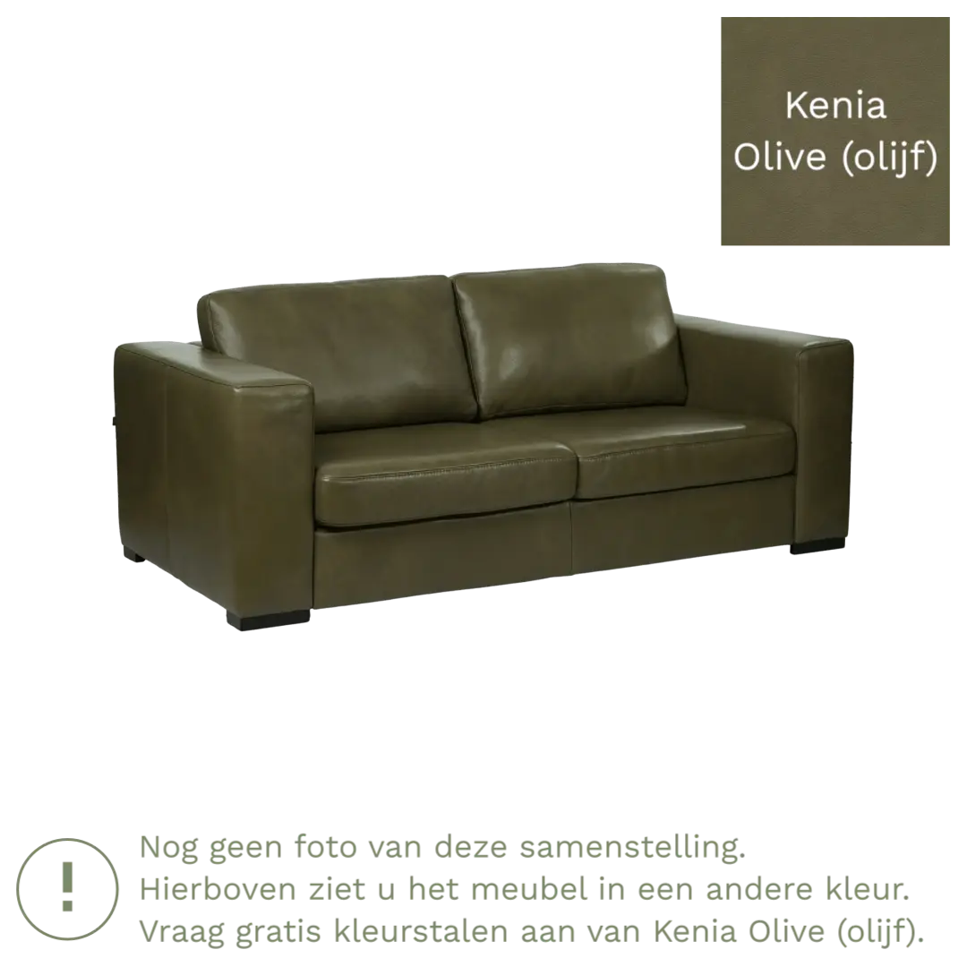 afbeelding van Leren bank Flow - 2 zits - Kenia Olive (olijf) - Poten hout bruin