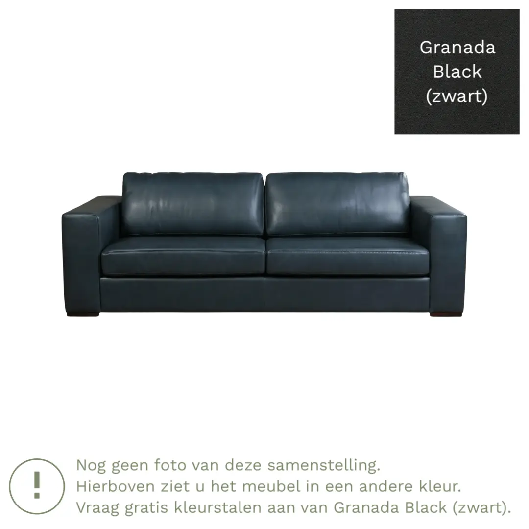 afbeelding van Leren bank Flow - 3,5 zits - Granada Black (zwart) - Poten hout bruin