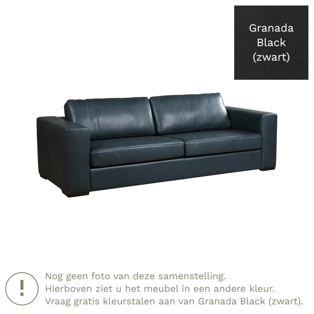 afbeelding van Leren bank Flow - 3,5 zits - Granada Black (zwart) - Poten hout bruin
