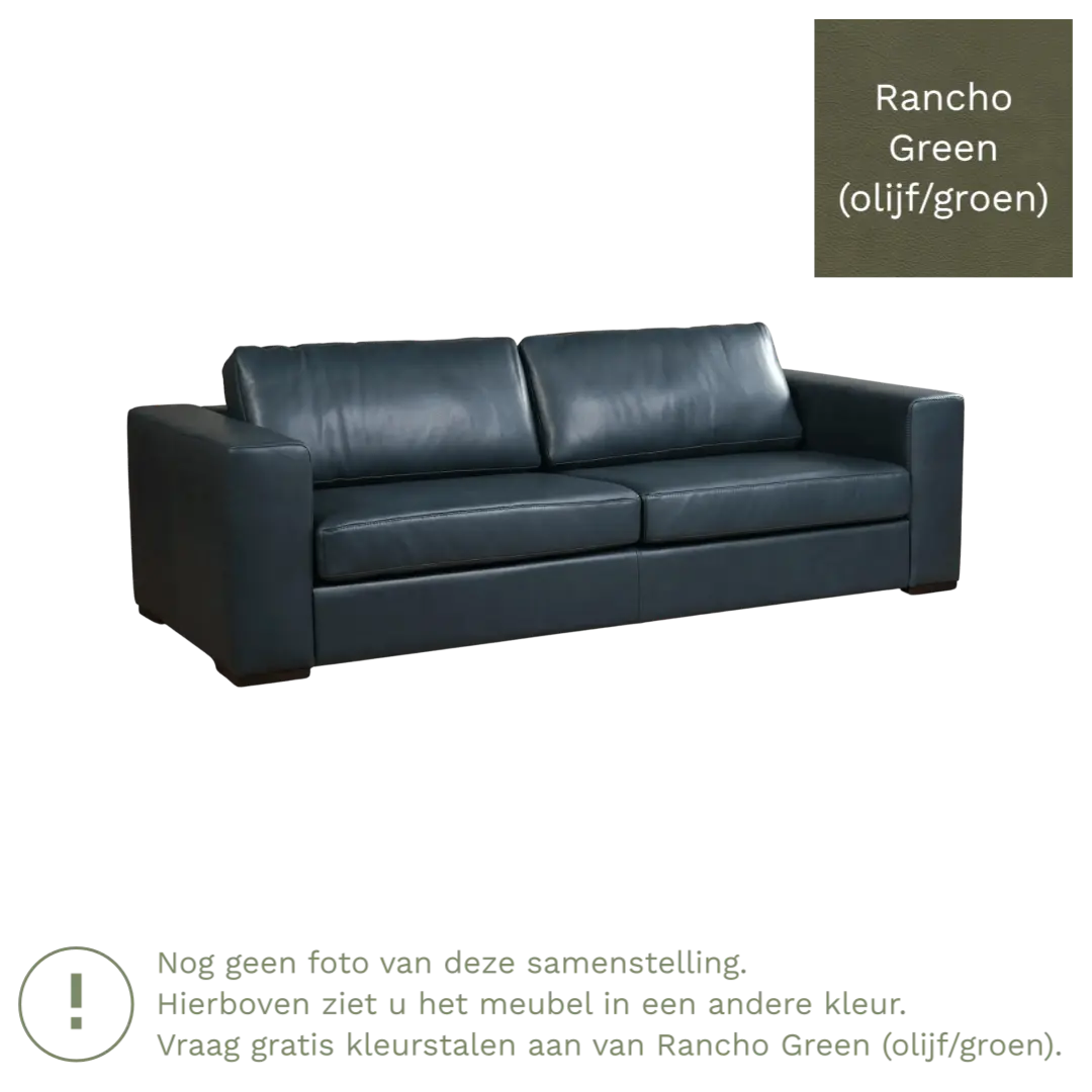 afbeelding van Leren bank Flow - 3,5 zits - Rancho Green (olijf/groen) - Poten hout bruin