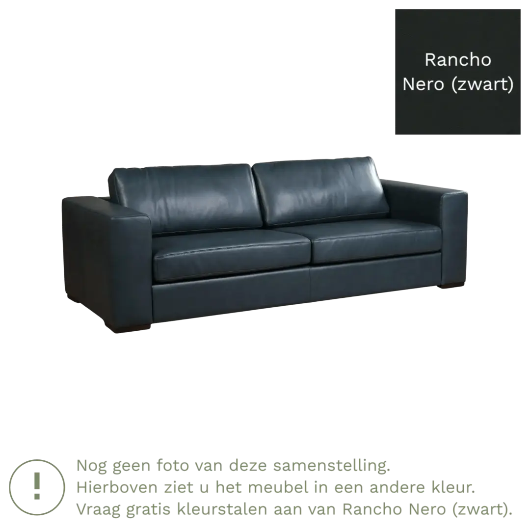 afbeelding van Leren bank Flow - 3,5 zits - Rancho Nero (zwart) - Poten hout bruin
