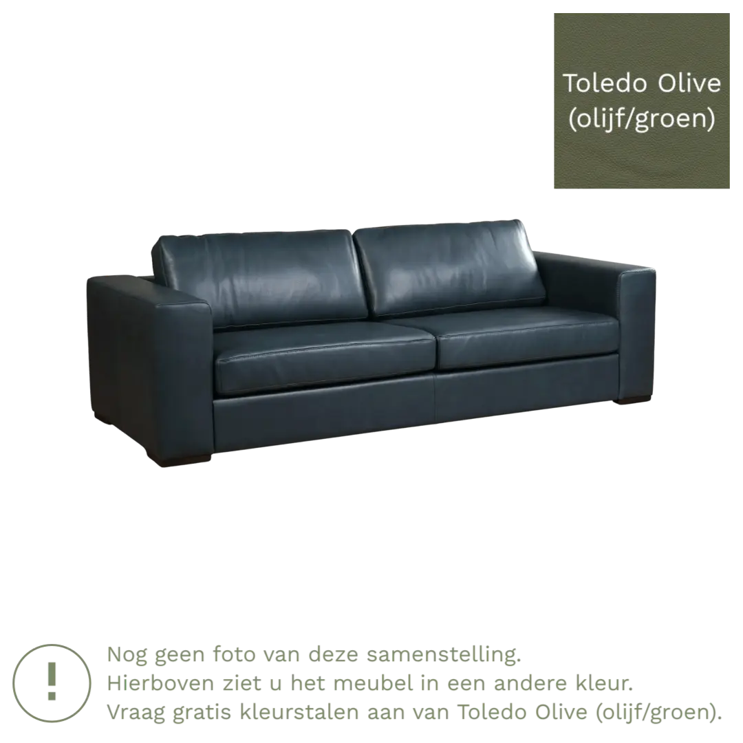 afbeelding van Leren bank Flow - 3,5 zits - Toledo Olive (olijf/goen) - Poten hout bruin