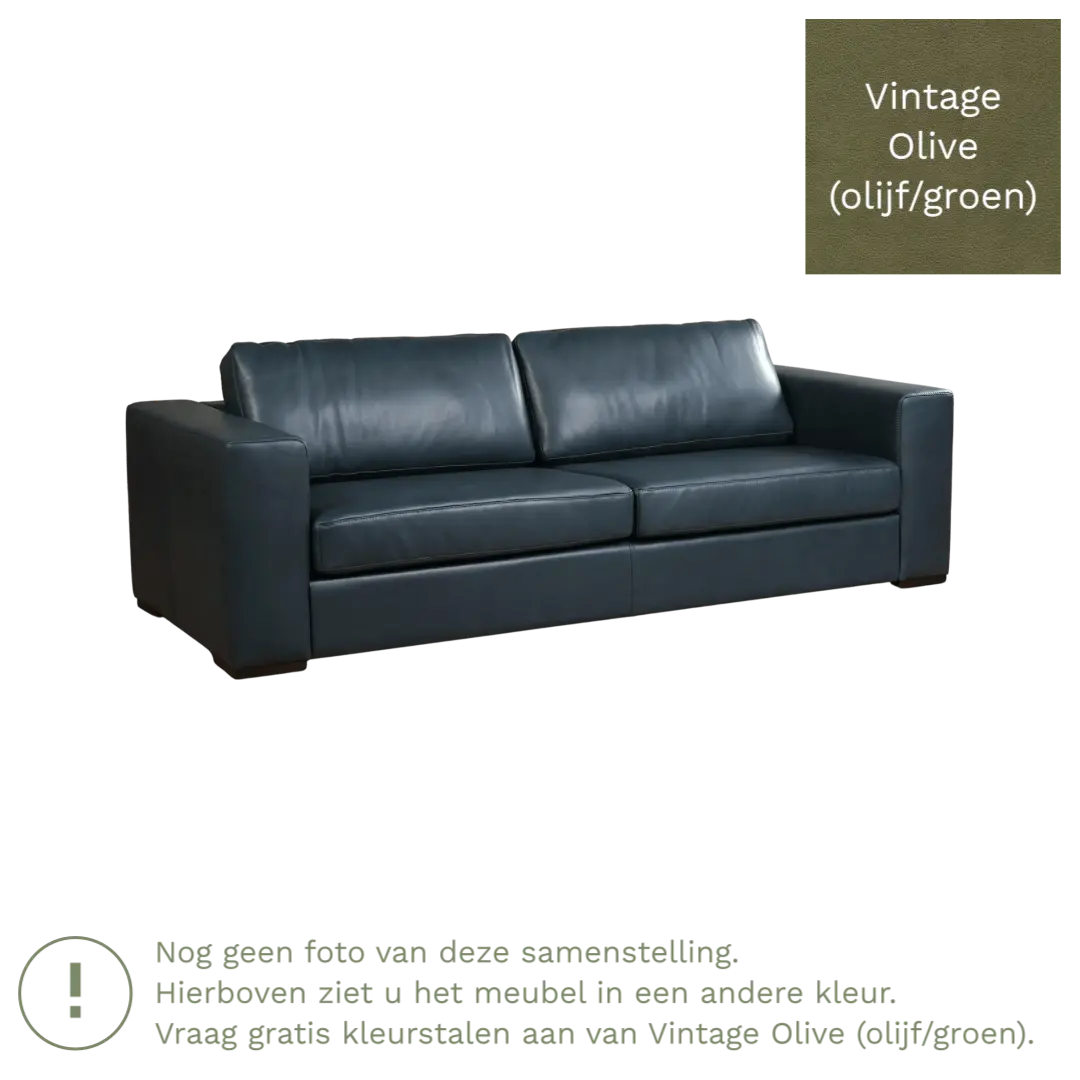 afbeelding van Leren bank Flow - 3,5 zits - Vintage Olive (olijf/groen) - Poten hout bruin
