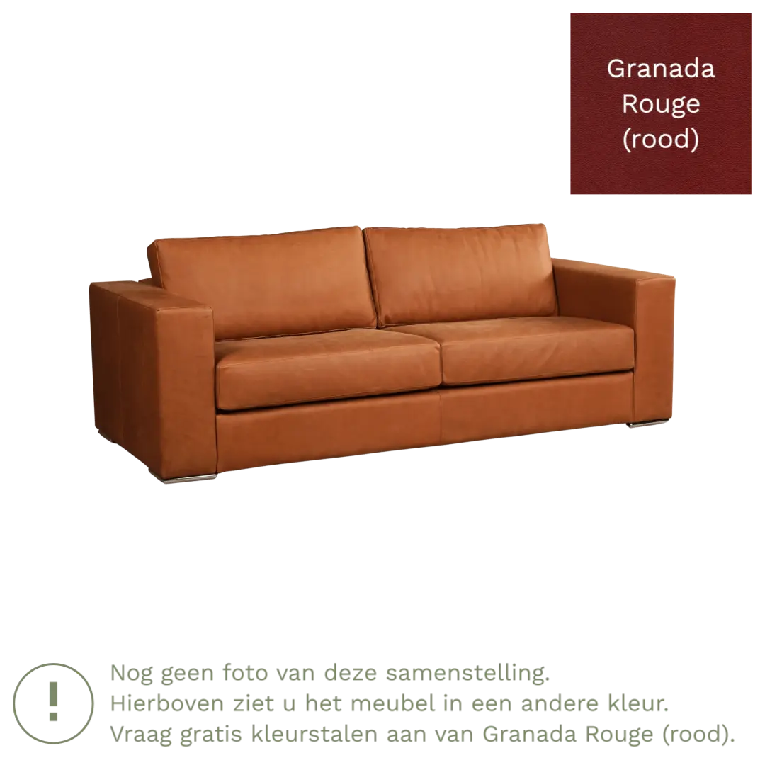 afbeelding van Leren bank Flow - 3 zits - Granada Rouge (rood) - Poten hout bruin