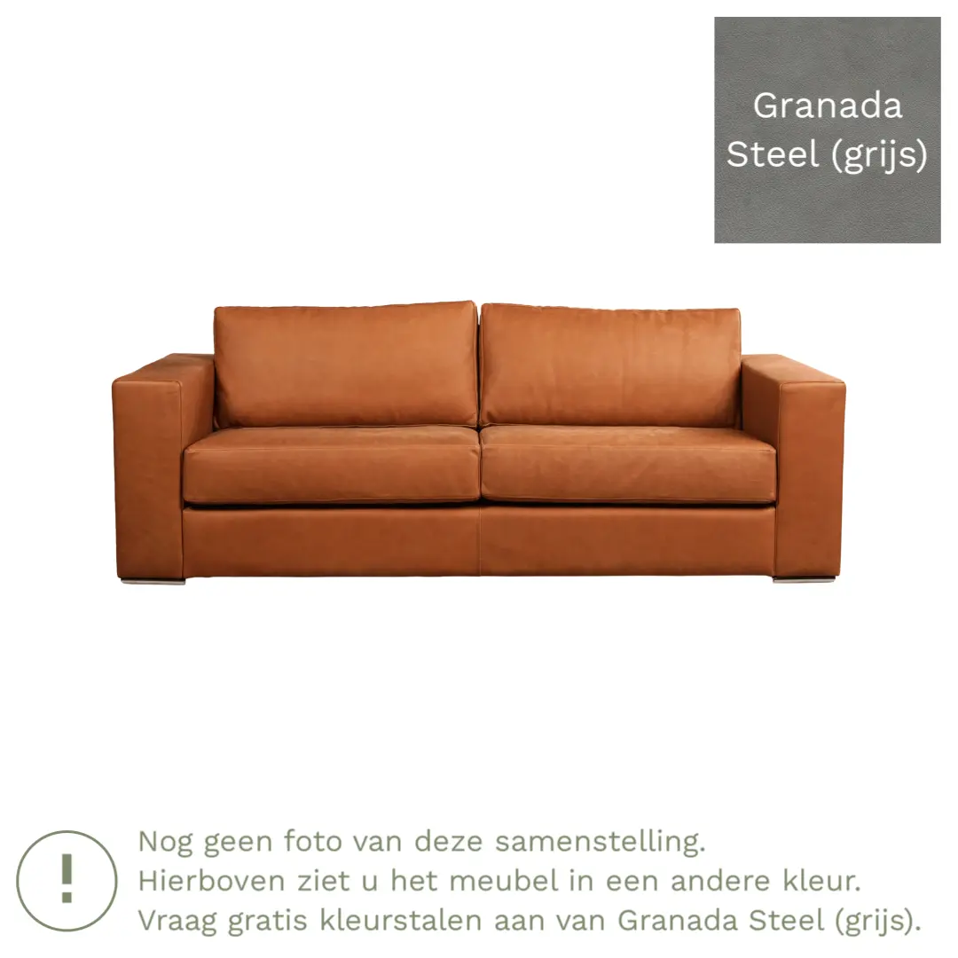 afbeelding van Leren bank Flow - 3 zits - Granada Steel (grijs) - Poten hout bruin