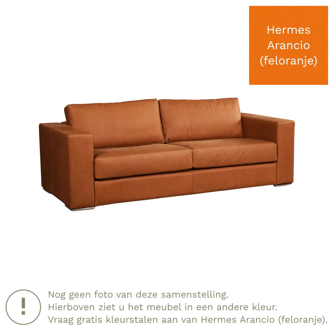 afbeelding van Leren bank Flow - 3 zits - Hermes Arancio (feloranje) - Poten hout bruin