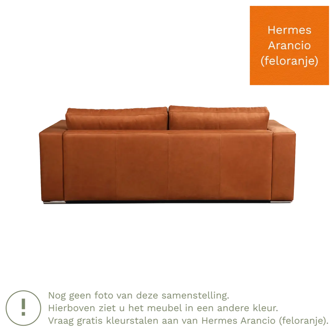 afbeelding van Leren bank Flow - 3 zits - Hermes Arancio (feloranje) - Poten hout bruin