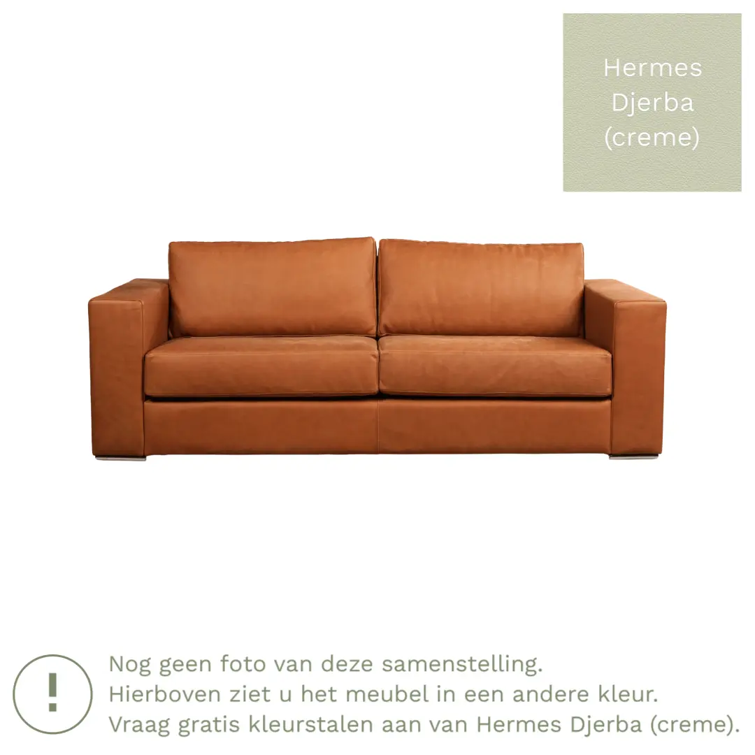 afbeelding van Leren bank Flow - 3 zits - Hermes Djerba (crème) - Poten hout bruin