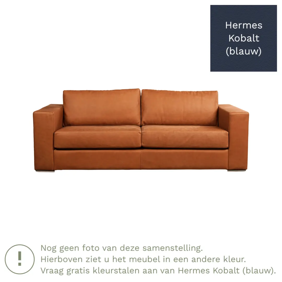 afbeelding van Leren bank Flow - 3 zits - Hermes Kobalt (blauw) - Poten hout bruin
