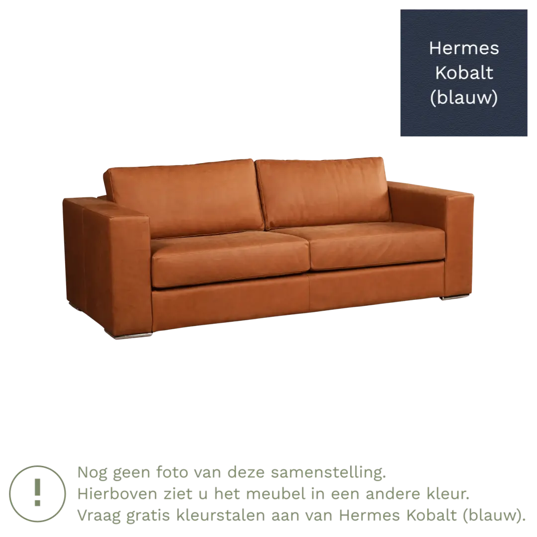 afbeelding van Leren bank Flow - 3 zits - Hermes Kobalt (blauw) - Poten hout bruin