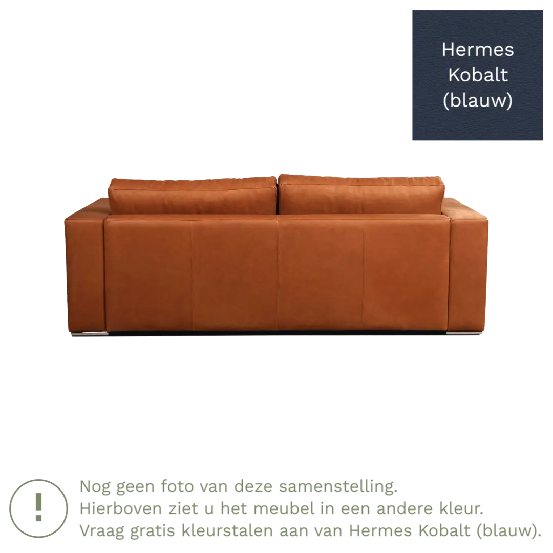 afbeelding van Leren bank Flow - 3 zits - Hermes Kobalt (blauw) - Poten hout bruin
