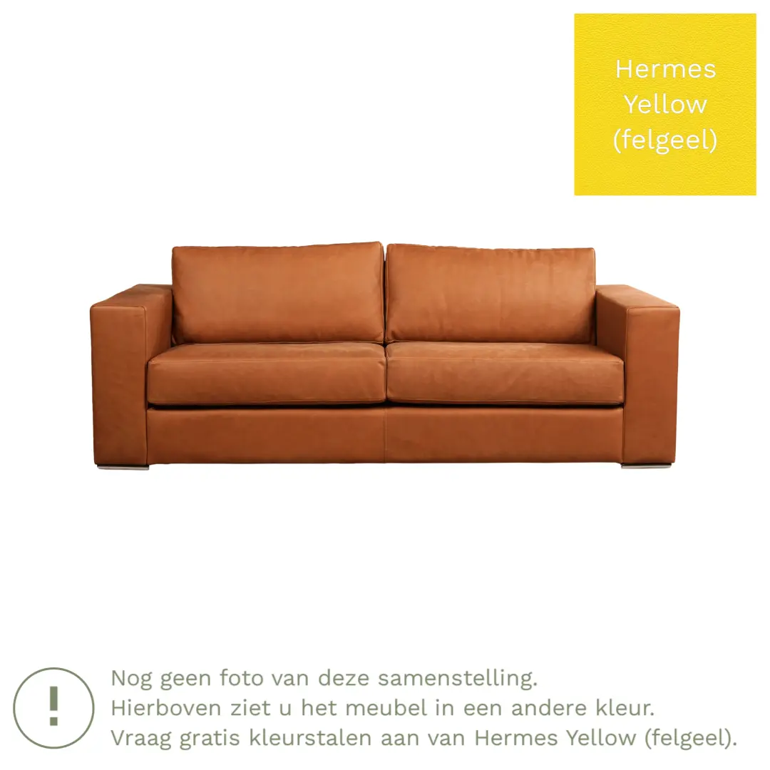 afbeelding van Leren bank Flow - 3 zits - Hermes Yellow (felgeel) - Poten hout bruin
