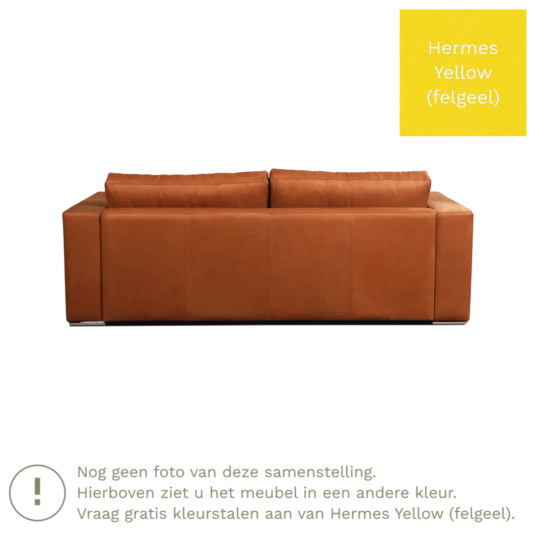 afbeelding van Leren bank Flow - 3 zits - Hermes Yellow (felgeel) - Poten hout bruin