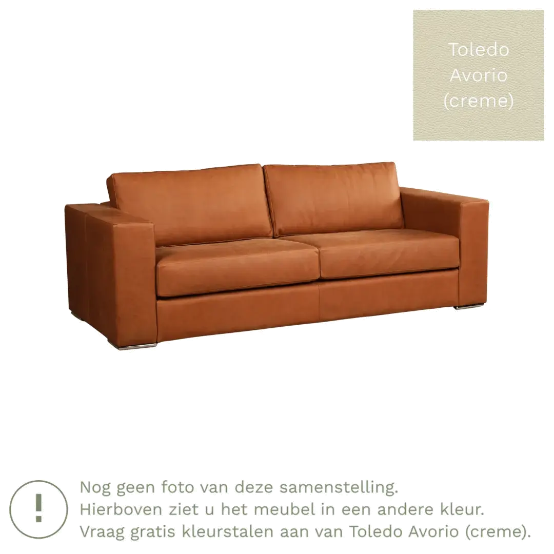 afbeelding van Leren bank Flow - 3 zits - Toledo Avorio (crème) - Poten hout zwart