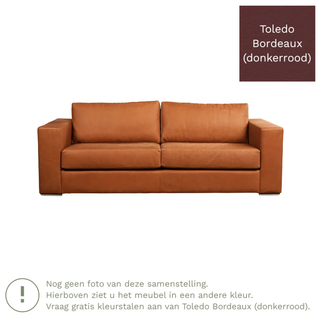 afbeelding van Leren bank Flow - 3 zits - Toledo Bordeaux (donkerrood) - Poten hout bruin