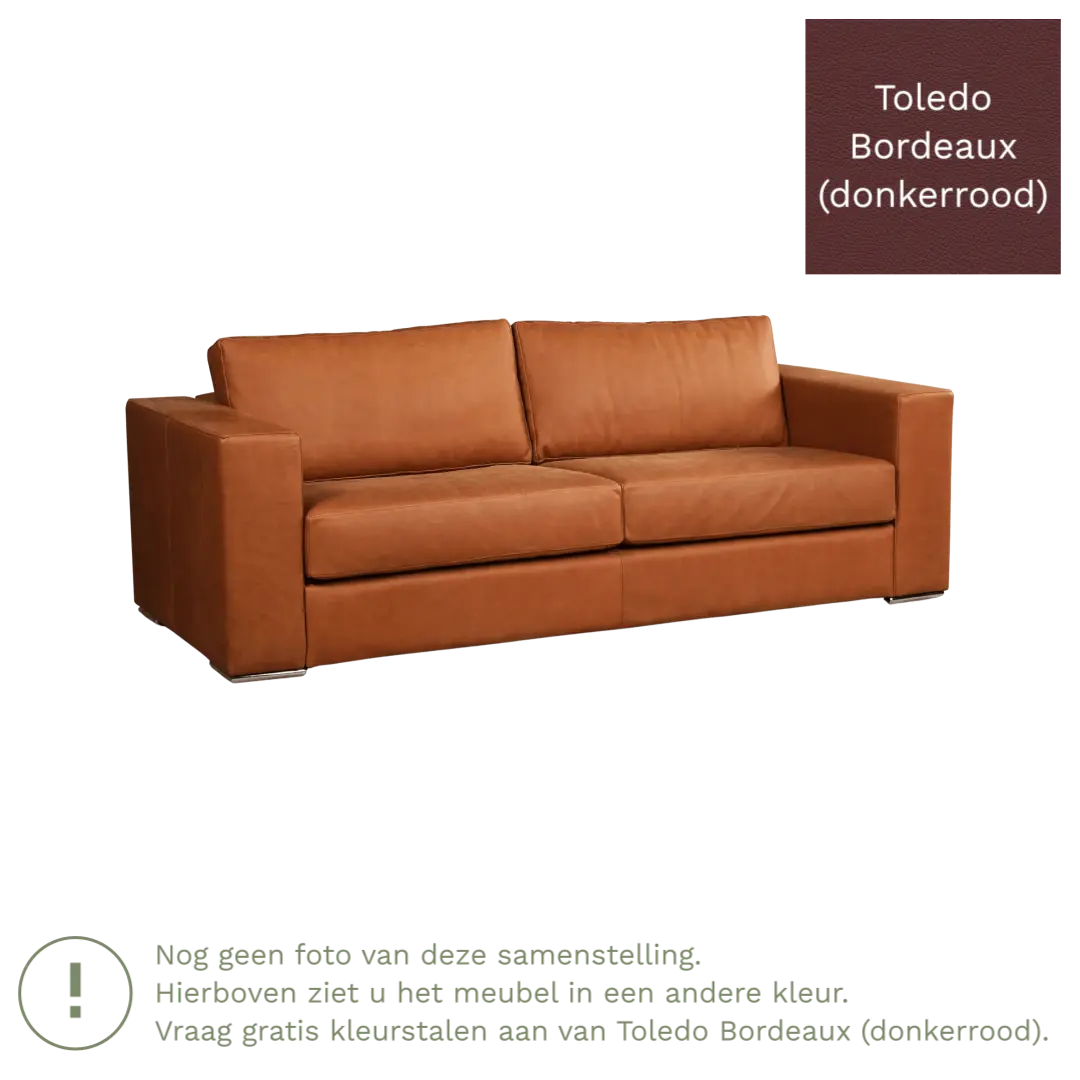 afbeelding van Leren bank Flow - 3 zits - Toledo Bordeaux (donkerrood) - Poten hout bruin