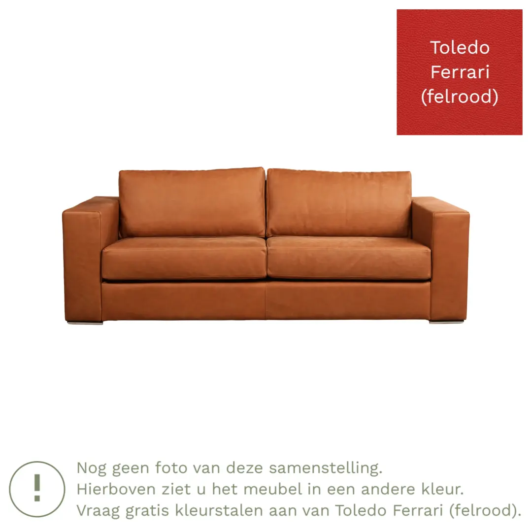 afbeelding van Leren bank Flow - 3 zits - Toledo Ferrari (felrood) - Poten hout bruin