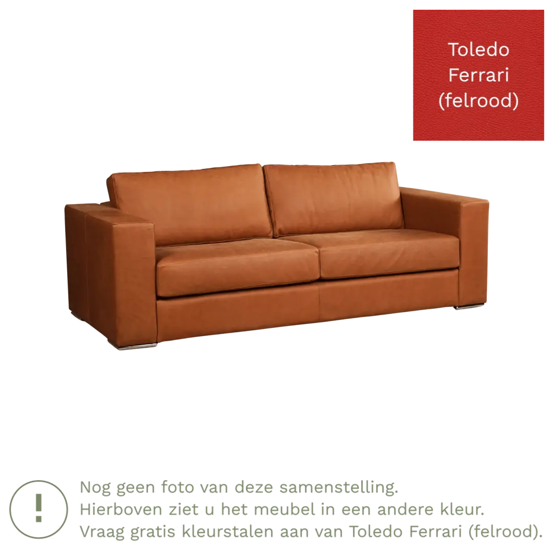 afbeelding van Leren bank Flow - 3 zits - Toledo Ferrari (felrood) - Poten hout bruin