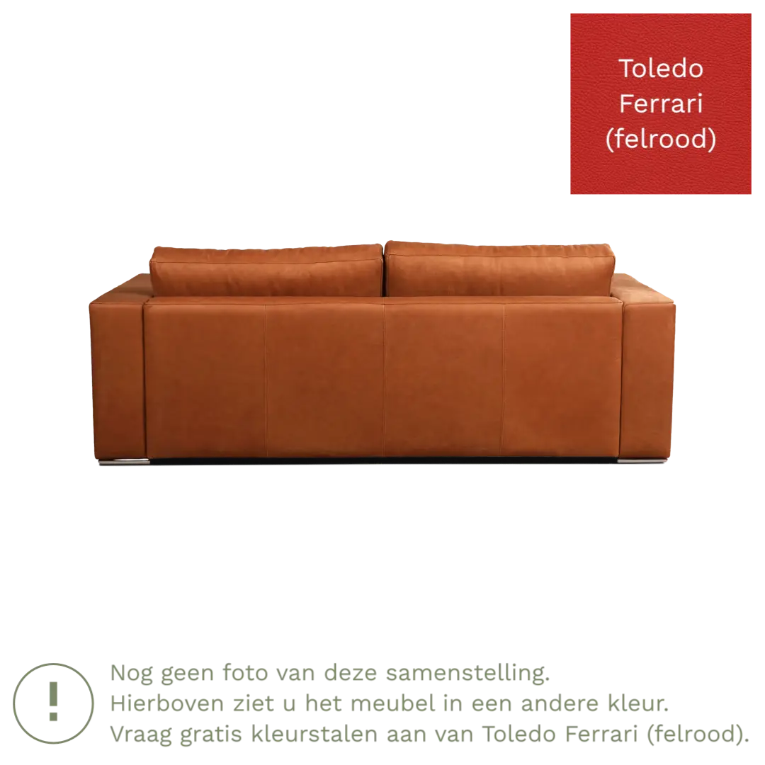afbeelding van Leren bank Flow - 3 zits - Toledo Ferrari (felrood) - Poten hout bruin