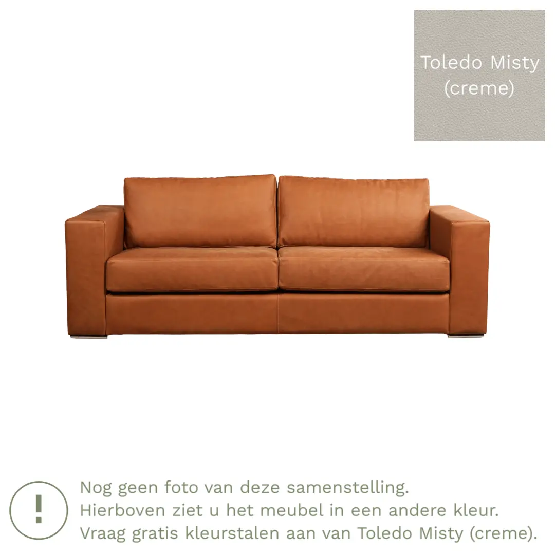 afbeelding van Leren bank Flow - 3 zits - Toledo Misty (crème) - Poten hout bruin