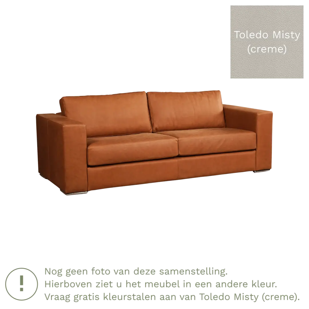 afbeelding van Leren bank Flow - 3 zits - Toledo Misty (crème) - Poten hout bruin