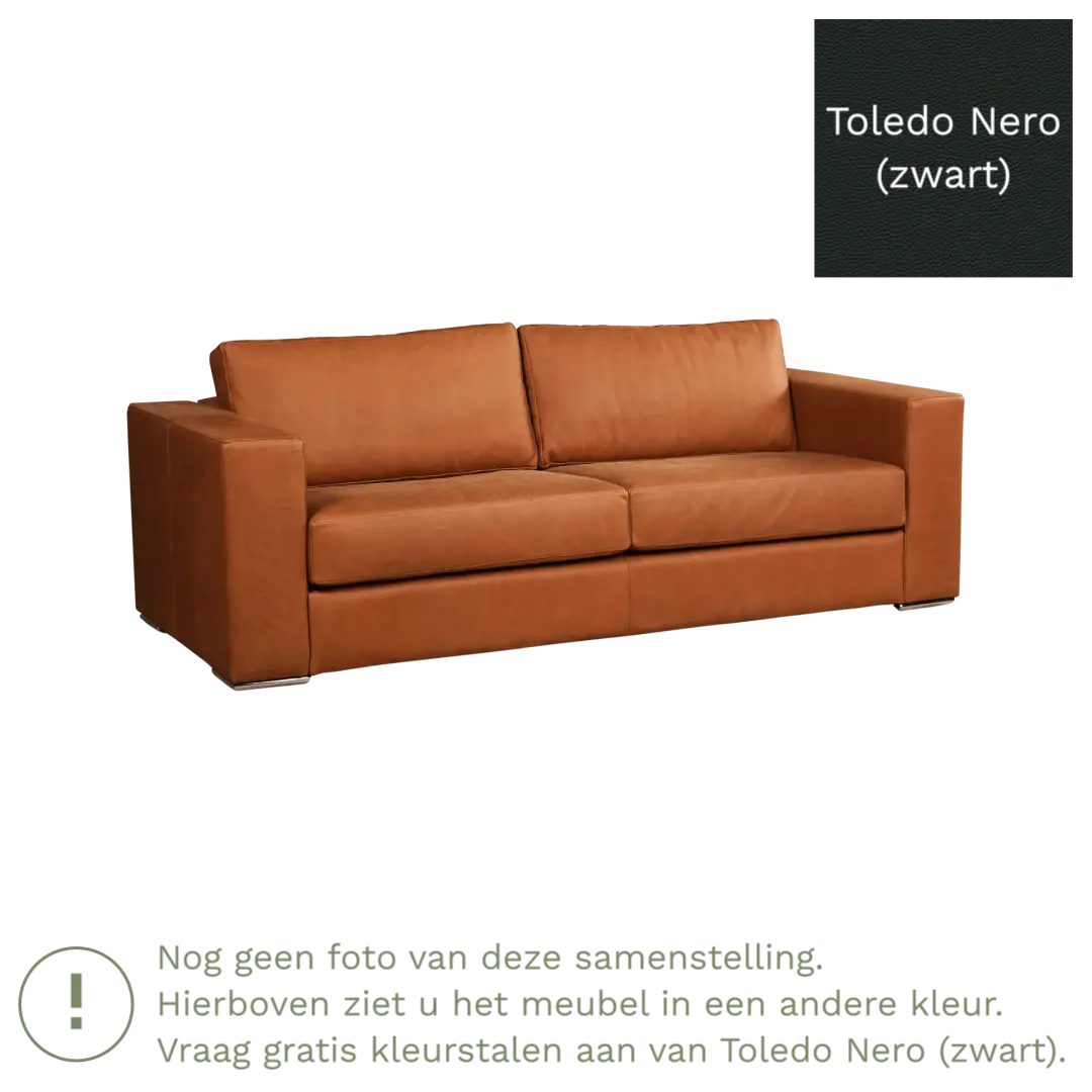 afbeelding van Leren bank Flow - 3 zits - Toledo Nero (zwart) - Poten hout zwart