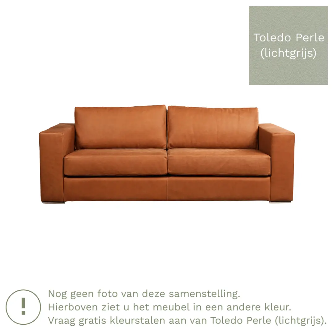 afbeelding van Leren bank Flow - 3 zits - Toledo Perle (lichtgrijs) - Poten hout bruin