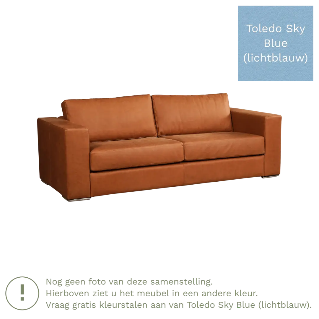 afbeelding van Leren bank Flow - 3 zits - Toledo Sky Blue (lichtblauw) - Poten hout bruin