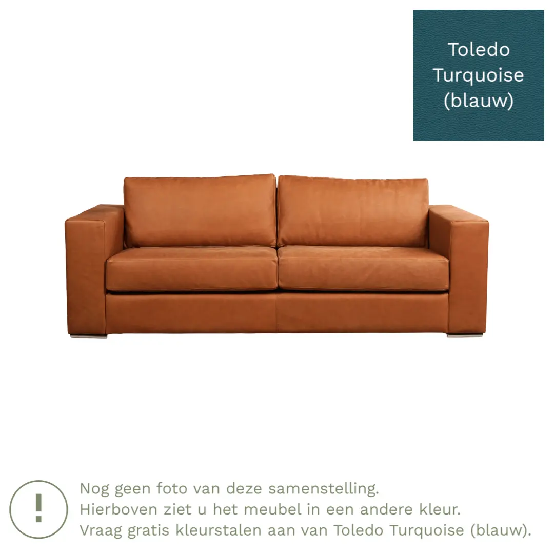 afbeelding van Leren bank Flow - 3 zits - Toledo Turquoise (blauw) - Poten hout bruin