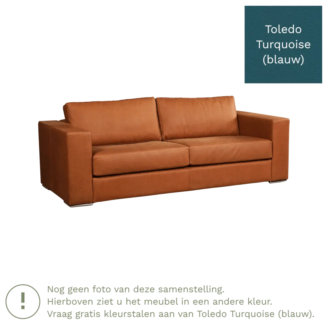 afbeelding van Leren bank Flow - 3 zits - Toledo Turquoise (blauw) - Poten hout bruin