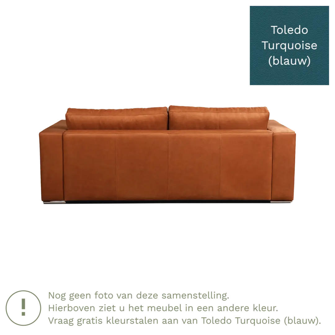 afbeelding van Leren bank Flow - 3 zits - Toledo Turquoise (blauw) - Poten hout bruin