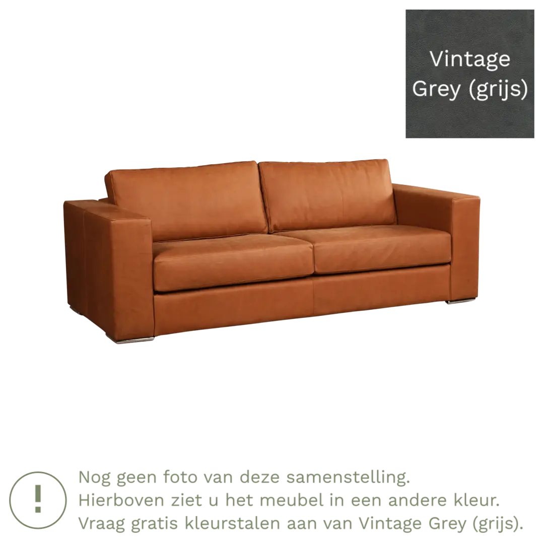 afbeelding van Leren bank Flow - 3 zits - Vintage Grey (grijs) - Poten hout bruin
