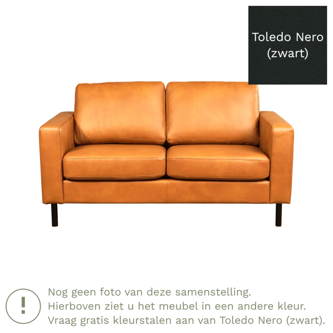 afbeelding van Leren bank Match - 2 zits - Toledo Nero (zwart) - Poten staal zwart