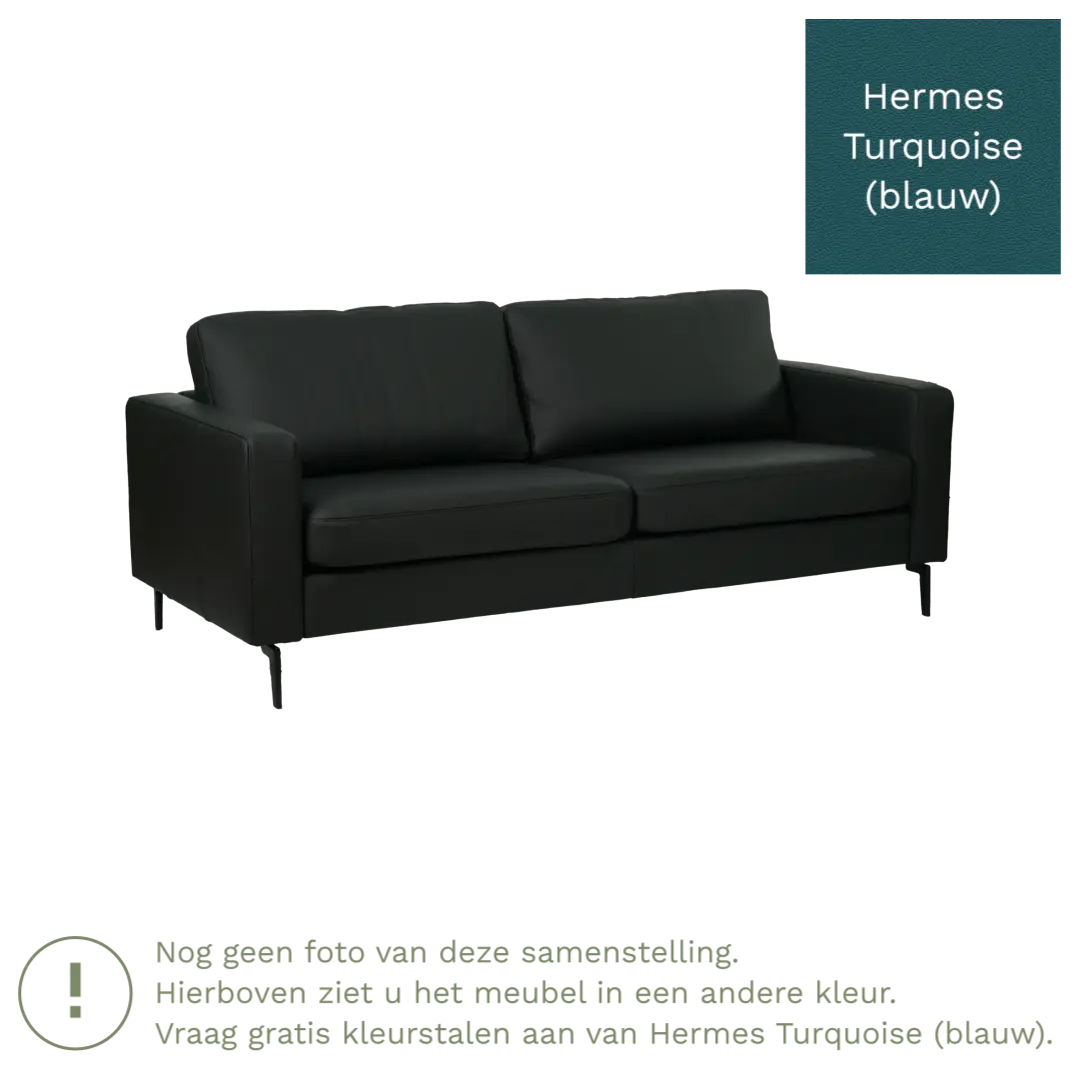 afbeelding van Leren bank Match - 3 zits - Hermes Turquoise (blauw) - Poten staal zwart