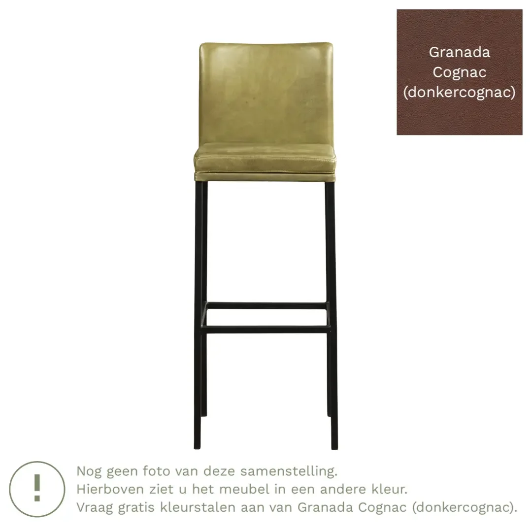 afbeelding van Leren barkruk Break hoog - Granada Cognac (donkercognac) - Poten staal vierkant RVS
