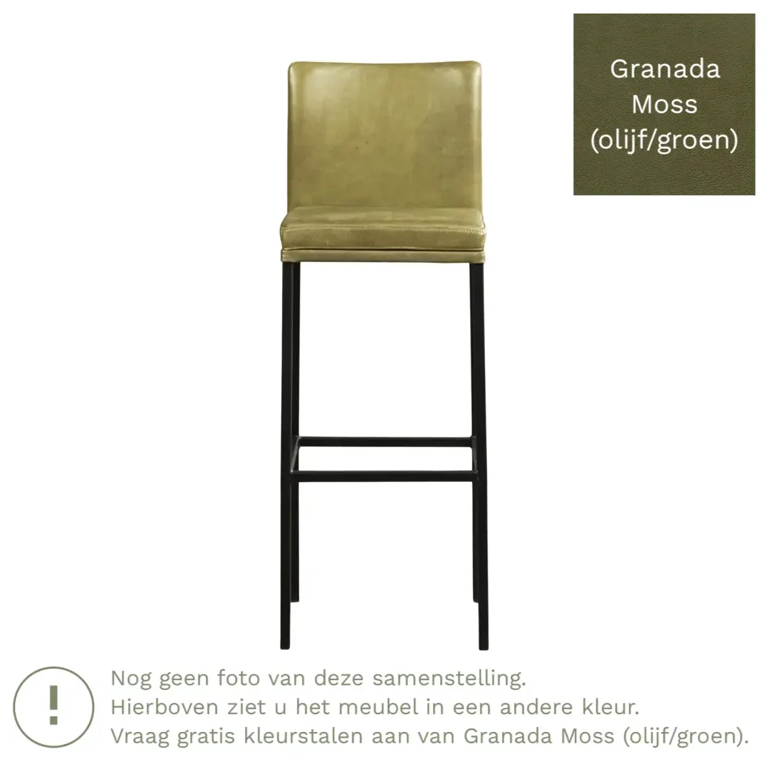 afbeelding van Leren barkruk Break hoog - Granada Moss (olijf/groen) - Poten staal vierkant zwart